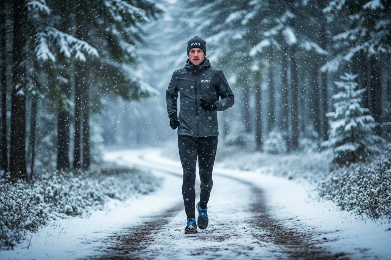I want a male running on a trail. The weather is cold. It is lightly snowing. He is wearing the gear on my store. The AWR hat, AWR water resistant jacket, etc.